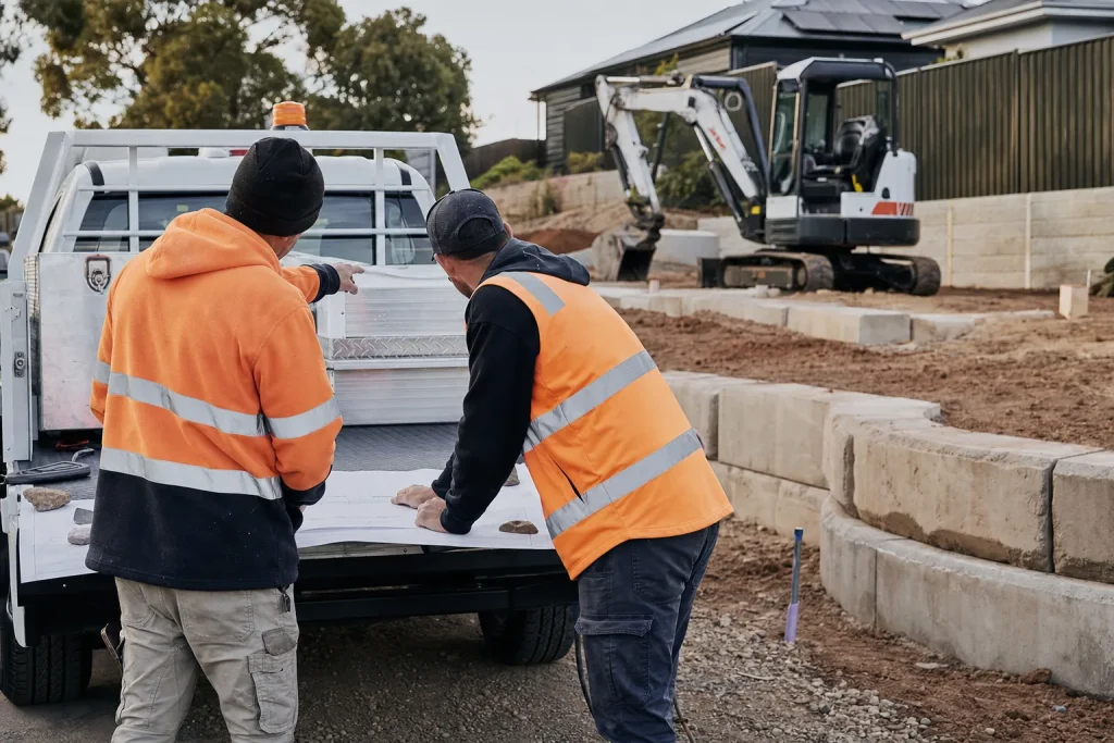 Construction professionals reviewing site plans beside active earthworks
