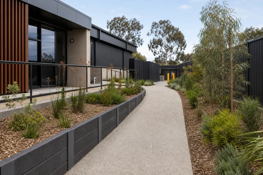 Completed commercial access, retaining, fencing and native landscaping