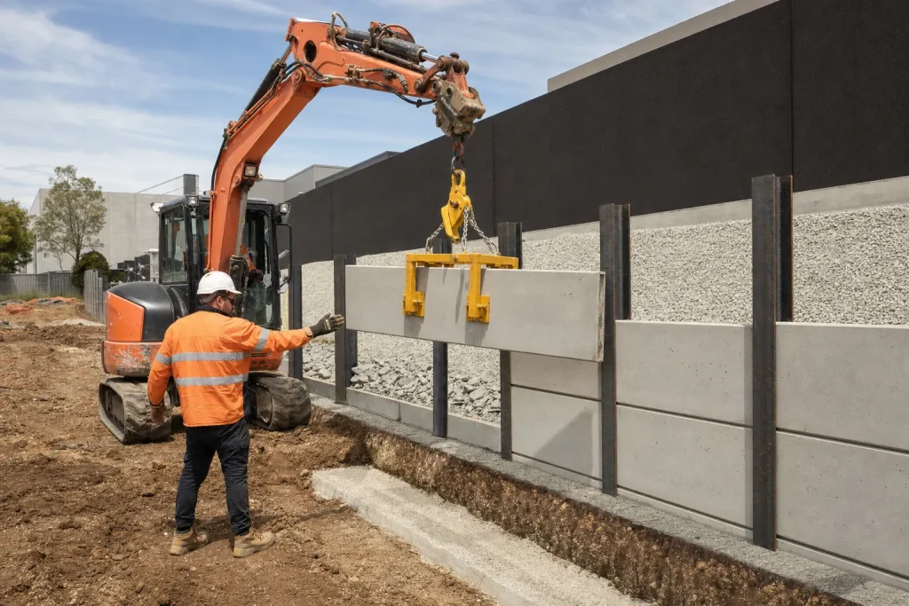 Commercial concrete retaining panel being installed with lifting equipment