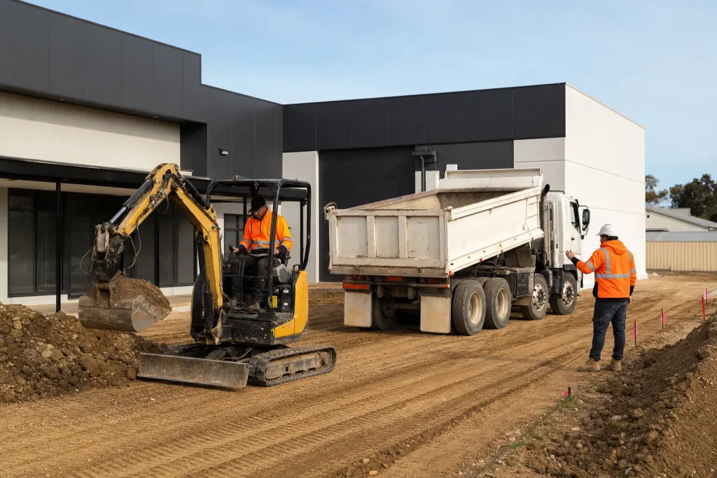 Compact excavator and tipper coordinating commercial site preparation