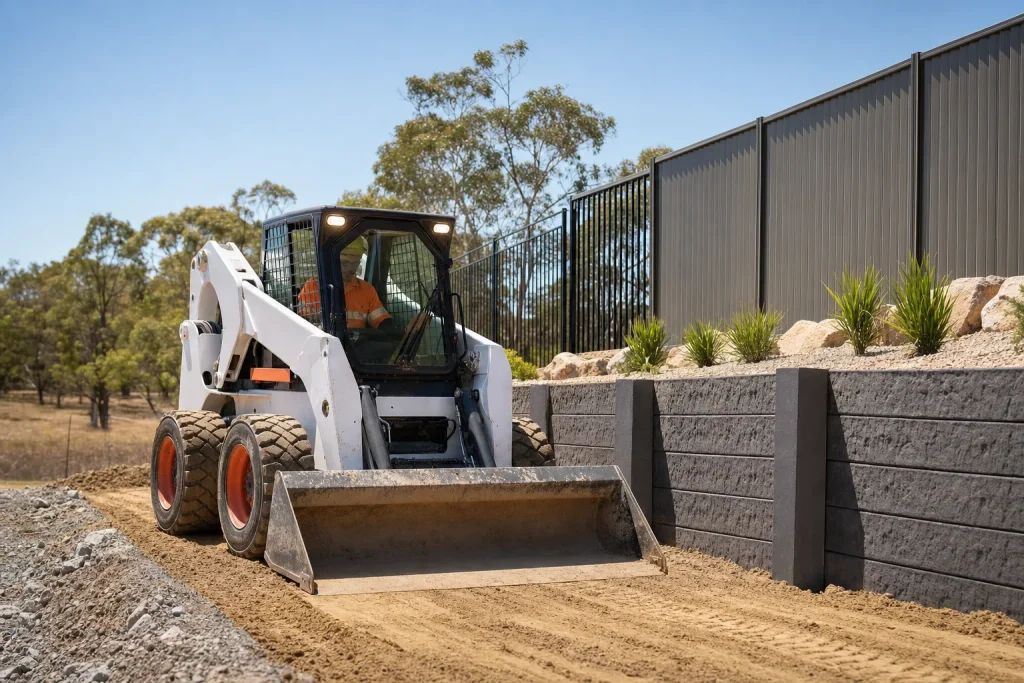 Skid-steer loader preparing a compact Adelaide construction site