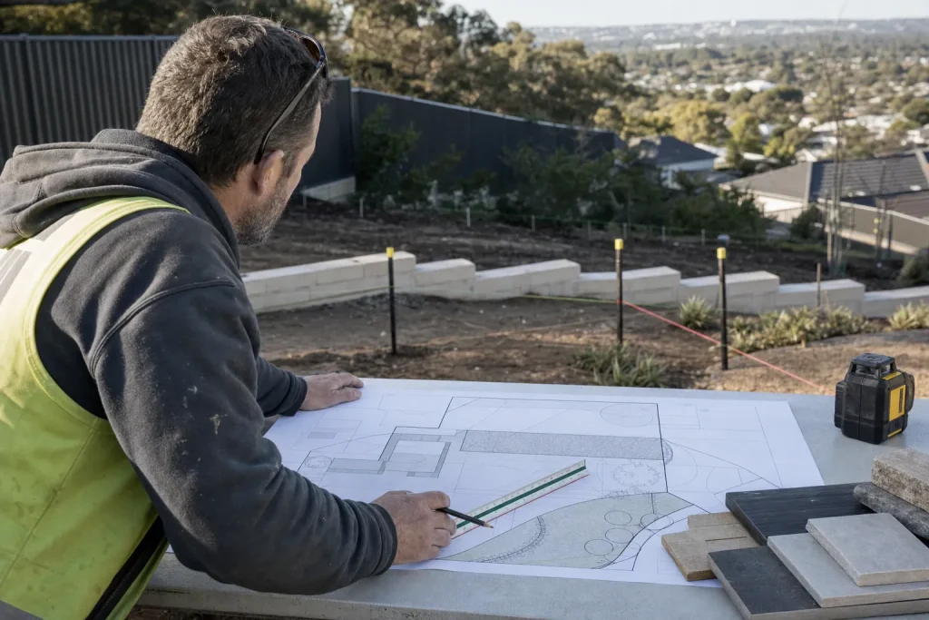 Landscape professional reviewing a site plan and future levels