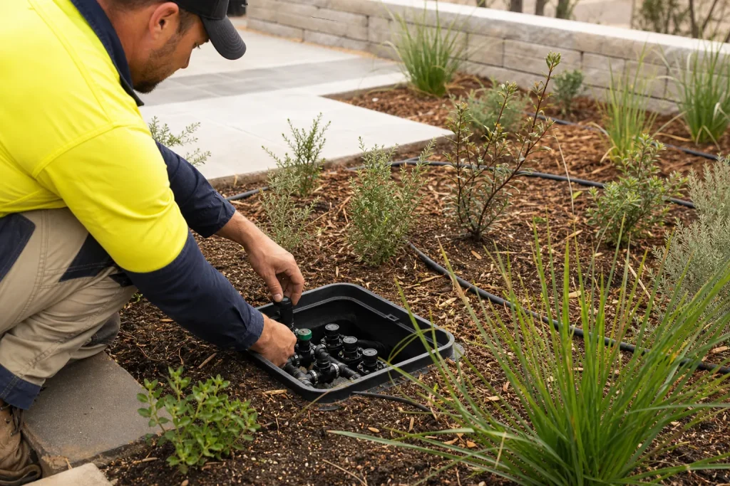 Technician adjusting a drip-irrigation manifold in a landscaped garden