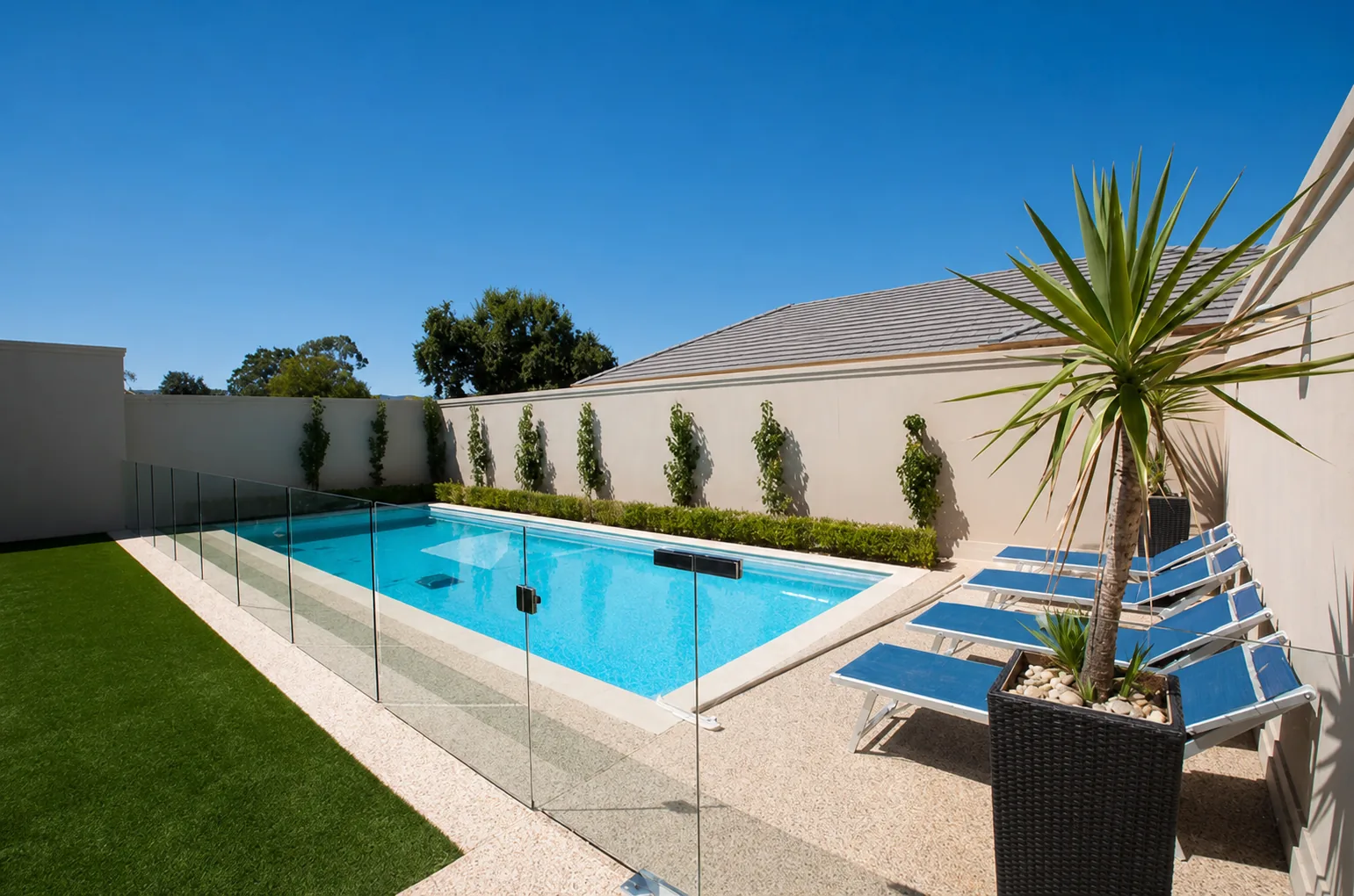 Completed pool landscape with glass fencing, lawn and planting