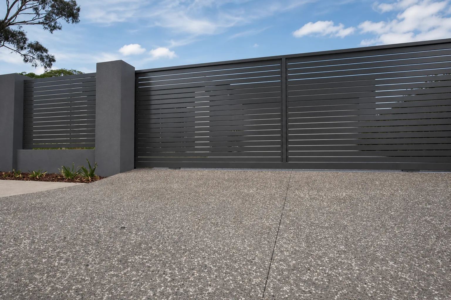 Charcoal slat boundary fencing beside an exposed aggregate driveway