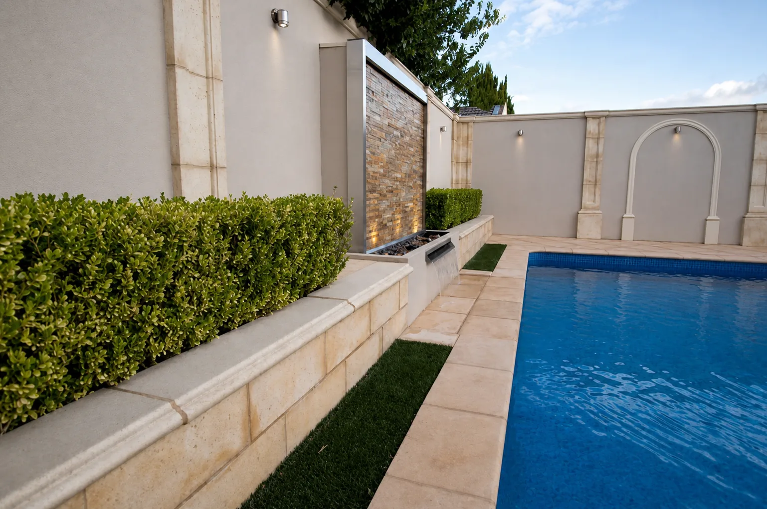 Stone water feature and formal planting beside a completed pool