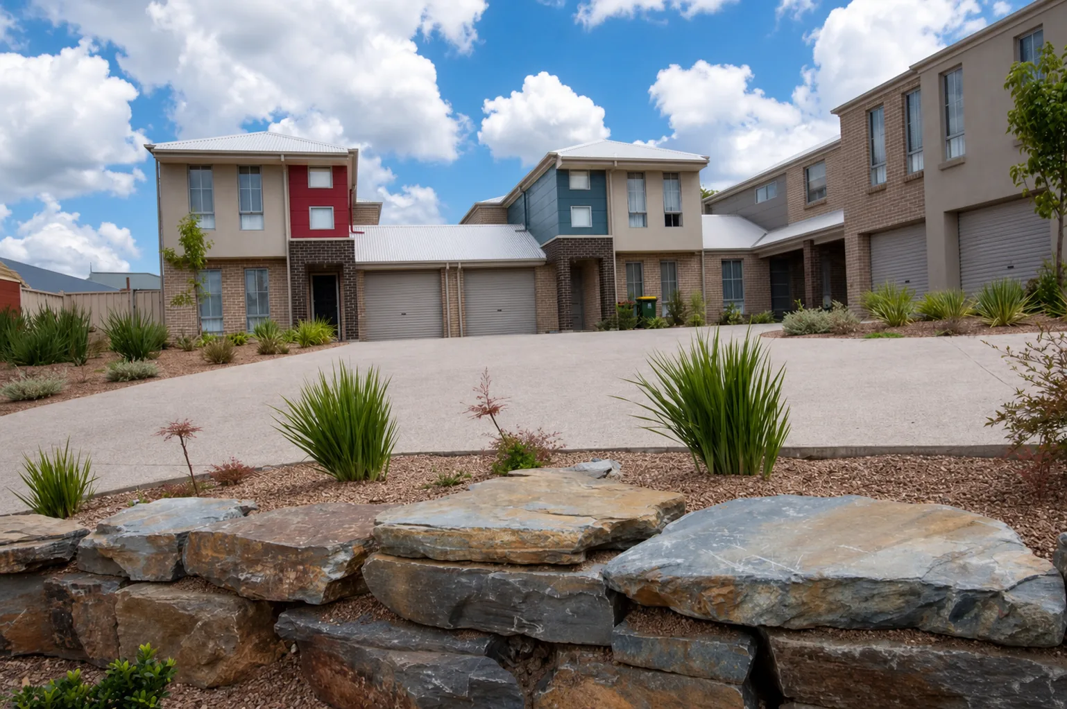 Townhouse landscape with rock retaining wall and drought-tolerant planting